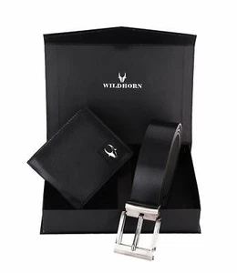 Kombi-Set neu schwarze Herren-Geldbörse aus Leder mit Doppelfaltung und schwarzem Gürtel Geschenkartikel - Bild 1 von 4