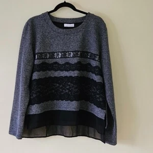 Intrend Max Mara Top Womens L Gray Black Pullover LS Lace Satin Sheer Whimsigoth - Picture 1 of 15