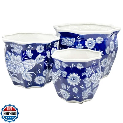 Porcelana Galt International azul escura e branca redonda canelada floral - Imagem 1 de 4