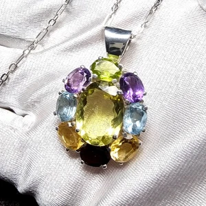 Chunky 925 Sterling Silver & Natural Multi Gemstone Pendant Necklace 20" 14.80g - Picture 1 of 9