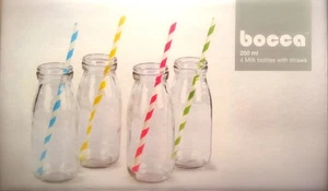 SET OF 4 GLASS MILK BOTTLES Bocca 250ml PLUS PAPER STRAWS Retro Drinking - Picture 1 of 4