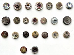 Antique Shell MOP Carved & Painted Buttons 23 on Card - Picture 1 of 7