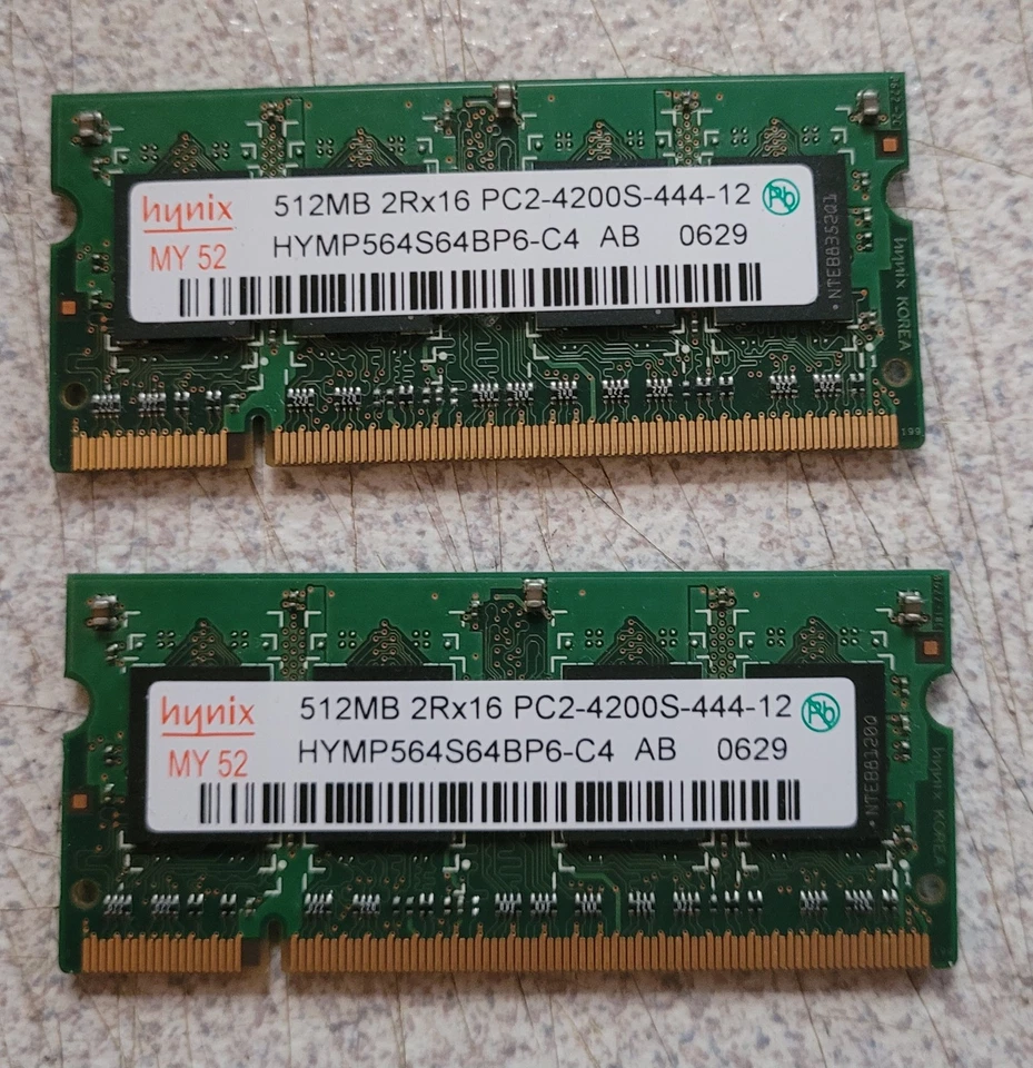 1GB Hynix HYMP564S64CP6-C4 AB 0648 2 X 512MB 2Rx16 PC2-4200S Laptop Memory Kit - Image 1 of 2