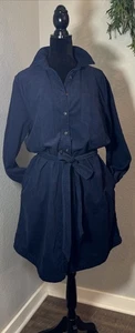 Marineblau Langarm Cord Button Down Gürtel Kleid bescheiden Lehrer Bürokleidung - Bild 1 von 10