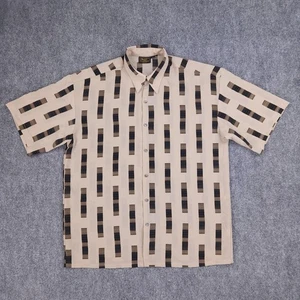 Monzini Shirt Mens XL Beige Brown Geometric Short Sleeve Button Up Made USA 90s - Picture 1 of 8