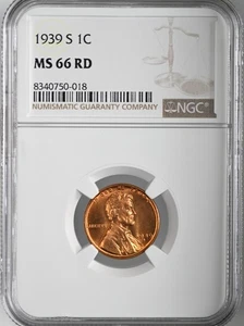 1939-S 1C LINCOLN WHEAT CENT "SAN FRANCISCO MINT" NGC MS66 RD (RED)#8340750-018 - Picture 1 of 4