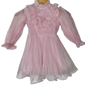 Vintage Girls Party Dress Size 5 Pink Ruffled Formal Dress Chiffon FLAW Merry  - Picture 1 of 11