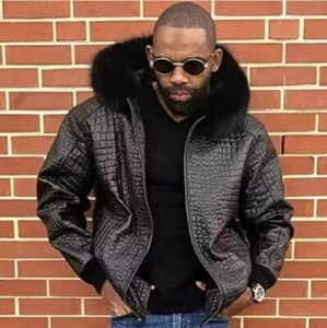 Men's Black Real Leather Jacket Crocodile Embossed Jacket Hoodie Biker S M L-201 - Picture 1 of 9