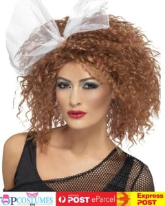 Womens 80's Wild Child Party Costume Wig Brown Madonna Short Curly w/ Bow - Picture 1 of 1
