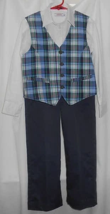 Boys 7 (3 piece) navy pants, white long sleeve button shirt, plaid cotton vest - Picture 1 of 8