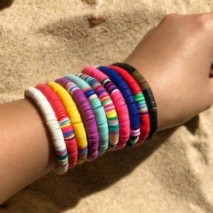 Boho Colorful Beaded Polymer Clay Elastic Bracelet Stretch Disc Beads Jewelry - Picture 1 of 13