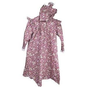 Handmade Vintage Prairie Dress Hat Set Girls Size 7 Floral Puff Sleeve Pink Mauv - Picture 1 of 8