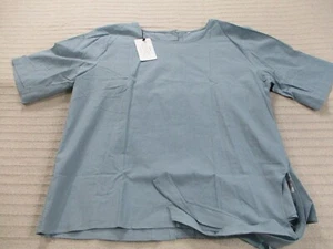 Minibee Womens Shirt XL Blue Linen Blend Short Sleeve Tie Round Neck Button New - Picture 1 of 11