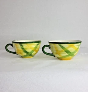 2 Vernon Kilns Gingham Green Cups Flat Bottom Green and Yellow Vernonware Metlox - Picture 1 of 8