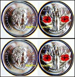 2x CANADA 2010 CANADIAN QUARTER WWII COLORIZED DUAL POPPY 25 CENT COIN LOT UNC - Bild 1 von 2