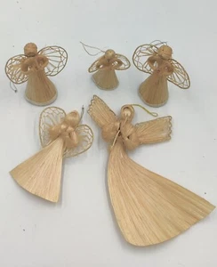 1970 Vintage Corn Husk Dress Praying Angel Wing Ornaments Shelf Sitter Christmas - Picture 1 of 9