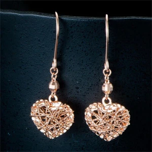 Au750 Real 18K Rose Gold Women Lucky Hollow Heart Dangle Earrings 33.5mmH - Picture 1 of 5