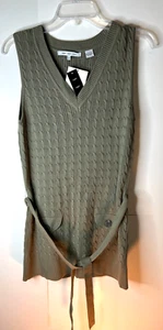 Eight Eight Eight Womens Medium Cotton Cable Knit Vest V-Neck Belted Olive Green - Picture 1 of 6