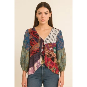 Damen Neckholder Top zum Binden Medium Mix Print Bunt Patchwork Y2K Boho Festival Vintage - Bild 1 von 5