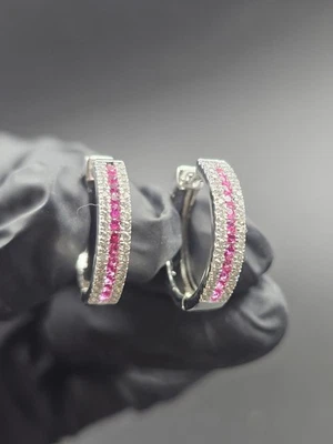 Round Lab Created Ruby Hoop Earrings 14K White Gold Plated Dainty Sparkling Ever - Image 1 of 4