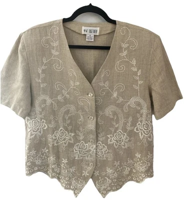 Top bordado con botones beige mezcla de lino marca Together de colección talla 10 Foto 1 de 4
