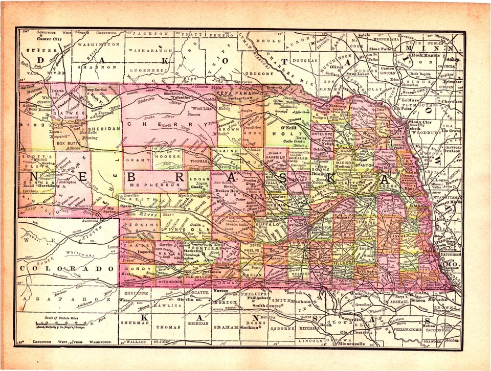 内布拉斯卡古董手工彩色国家地图 1896 — 第 1/1 张图片