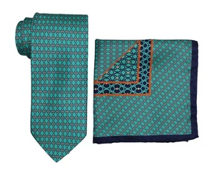 Italo Ferretti Satin Aqua Geometric Tie and Pocket Square Set - Picture 1 of 2