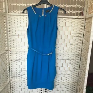 Oasis cobalt blue dress Size 8 UK beaded necklace mock wrap peep hole back belt - Picture 1 of 7