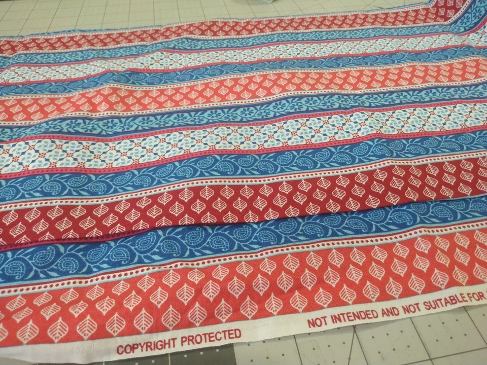 Red White Blue Fabric leaves flowers remnants sewing quilting striped  - Image 1 of 1