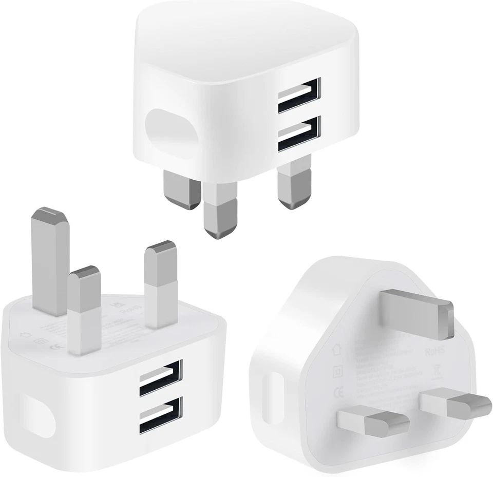 Dual USB Plug UK 3 Pin Adapter Mains Wall Charger 2-Port For Phone Tablet iPhone - Image 1 of 4