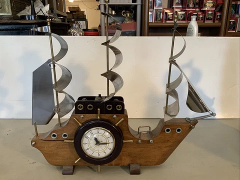 WORKS! Vintage Wood Nautical Sailing Boat Ship Electric Clock TV Lamp- Lanshire Cover