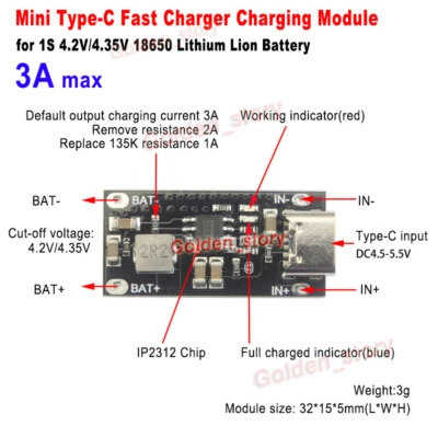 Type-C 5V 3A 1S 18650 Lithium Li-ion 3.7V Battery Fast Charging Charger Module - Image 1 of 4