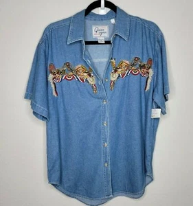 Cottagecore Med Quizz Again Damenshirt Rodeo-Design bestickt Denim neu mit Etikett - Bild 1 von 6
