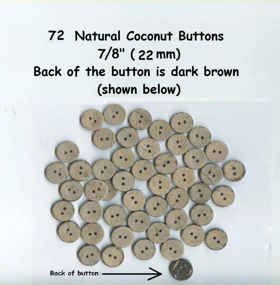 72 Natural Vegan Coconut Shell Buttons 7/8" 2 hole (22mm) brown tan very durable - Image 1 of 1