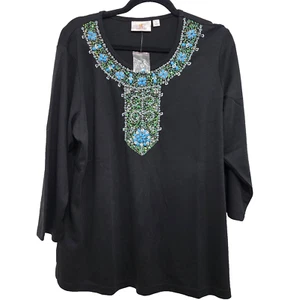Quaker Factory Jeweled Neck Embellished Knit Long Sleeve Top Black Womens XL - Picture 1 of 14