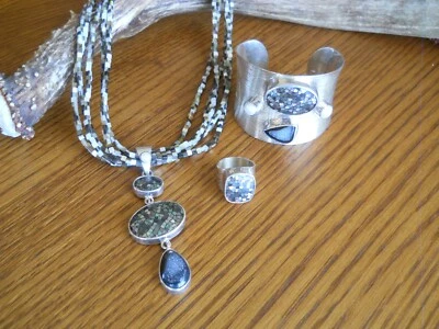 Sheri Liebert Statement Necklace & Pendant, Cuff, Ring Sterling Druzy, MOP Inlay - Image 1 of 4