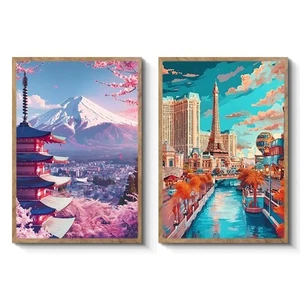 Japanese Canvas Wall Art Set of 2 Framed Modern Landscape 30×40cm - Picture 1 of 9