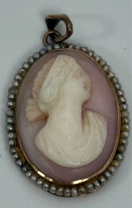 Vintage Marked 10k Yellow Gold Hand-Carved Cameo Pendant Seed Pearls Estate Find - Picture 1 of 4