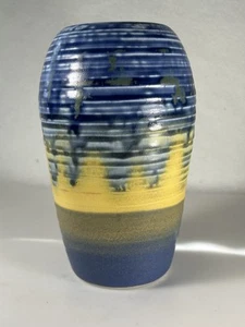 Signed Ceramic Vase Blue & Yellow Glazed Art Pottery Vase 7" - Picture 1 of 10