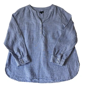 Talbots 100% Linen Blue Stripe Roll Tab Sleeve Blouse SZ Large P Breathable Top - Picture 1 of 8