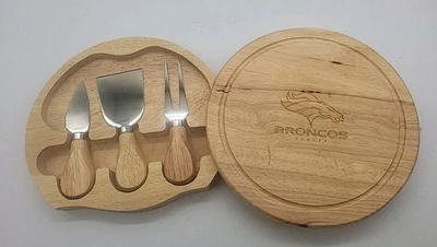 Denver Broncos Engraved Wooden Brie Cheese Board and 3 Piece Tool Set - Image 1 of 4