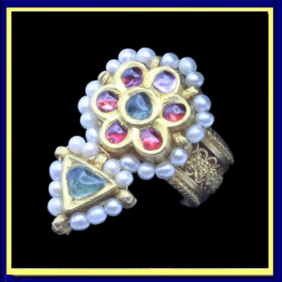 Antique / vintage ring 18k gold sapphires rubies pearl Indian lacy (7251) - Image 1 of 4