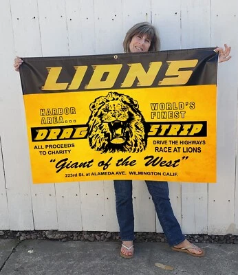 Large Lions Drag Strip Banner  gas guys, racing NHRA fan man cave or garage art - Image 1 of 2