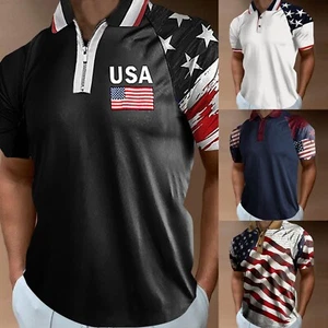 Men's Independence Day American USA Flag Print Short Sleeve Polo Shirt Top Tees - Picture 1 of 31