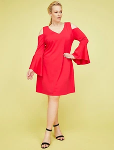 LANE BRYANT Red Cold Shoulder Bell Sleeve V Neck Dress 24 Fits 24W 2X 3X - Picture 1 of 7
