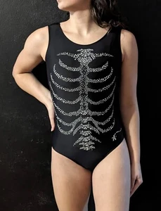 Destira Gymnastics Leotard Skeleton Bones Halloween Black Silver Size JR - Picture 1 of 7