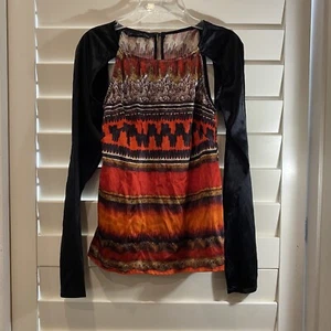 Womens Romance Was Born Size 6 Top Red Black Stretch Shirt Blouse Designer - Picture 1 of 8