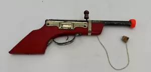 Vintage Japan tin wood cork gun 10" red handle excellent working spring action - Picture 1 of 10