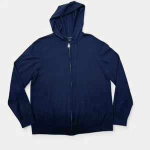 ST. JOHN Navy Blue Knit Full Zip Hooded Cardigan Sweater Womens XL Wool Blend - Picture 1 of 10