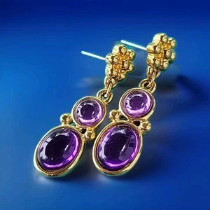 Vintage TRIFARI TM Purple Glass Cabochon Gripoix Dangle Earrings Goldtone Signed - Picture 1 of 11